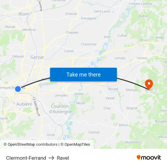 Clermont-Ferrand to Ravel map