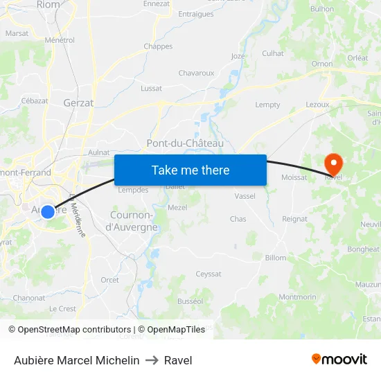 Aubière Marcel Michelin to Ravel map