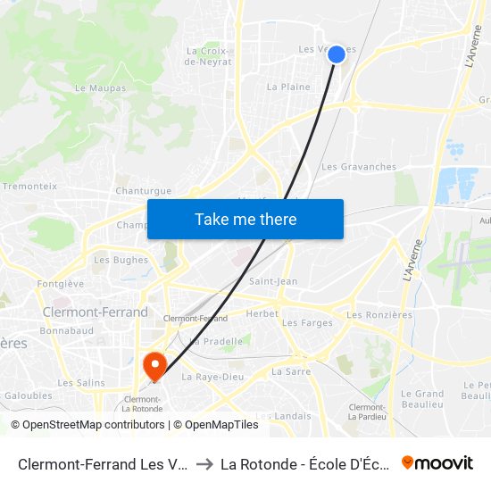 Clermont-Ferrand Les Vergnes to La Rotonde - École D'Économie map