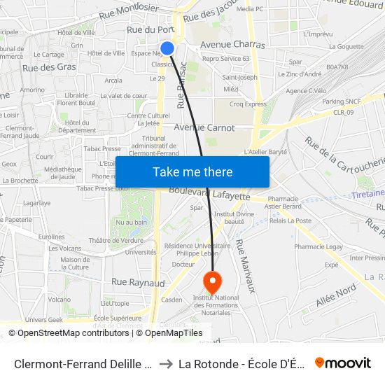 Clermont-Ferrand Delille Trudaine to La Rotonde - École D'Économie map