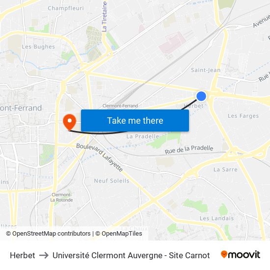 Herbet to Université Clermont Auvergne - Site Carnot map