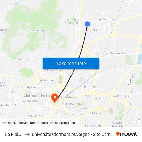 La Plaine to Université Clermont Auvergne - Site Carnot map