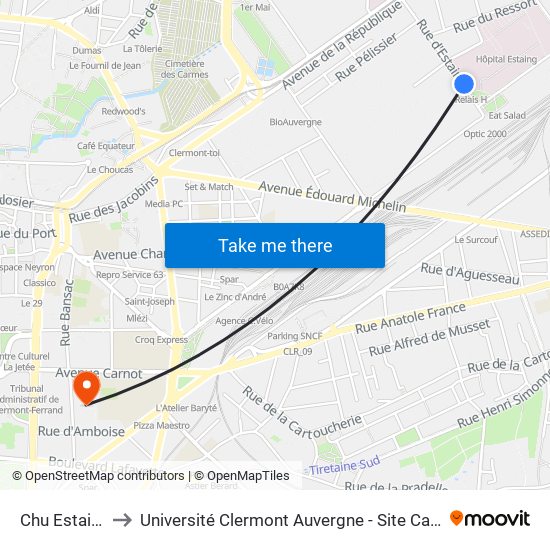 Chu Estaing to Université Clermont Auvergne - Site Carnot map