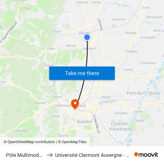 Pôle Multimodal Sncf to Université Clermont Auvergne - Site Carnot map