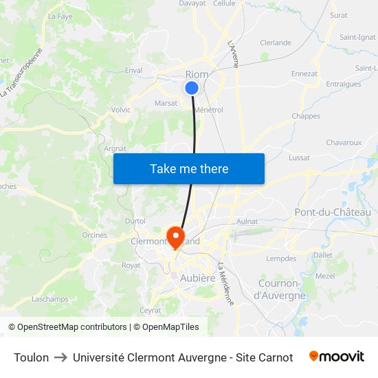 Toulon to Université Clermont Auvergne - Site Carnot map