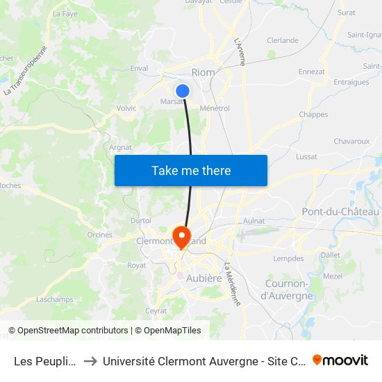 Les Peupliers to Université Clermont Auvergne - Site Carnot map