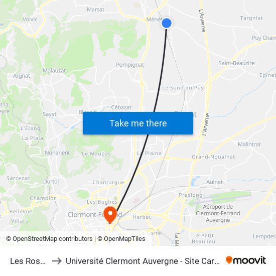 Les Roses to Université Clermont Auvergne - Site Carnot map