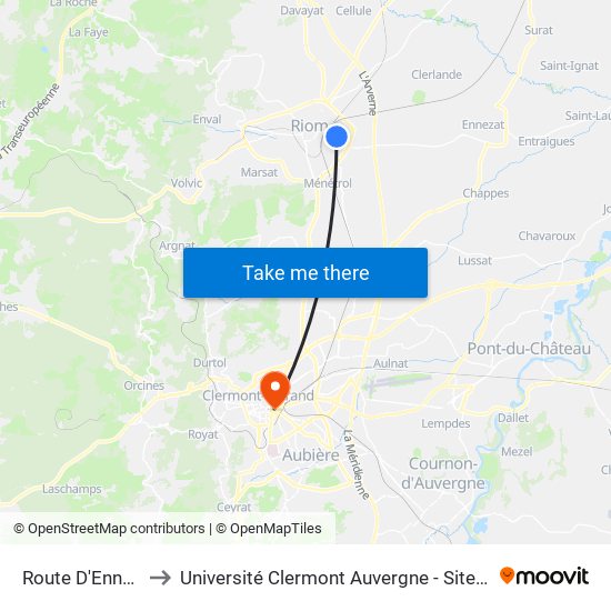 Route D'Ennezat to Université Clermont Auvergne - Site Carnot map