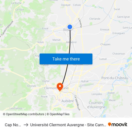 Cap Nord to Université Clermont Auvergne - Site Carnot map