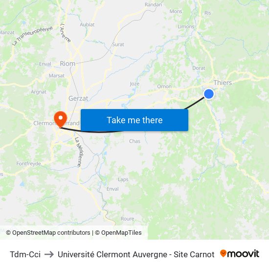 Tdm/Cci to Université Clermont Auvergne - Site Carnot map