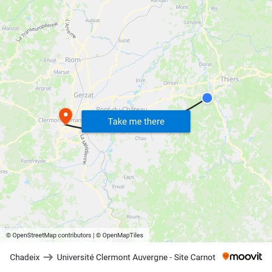 Chadeix to Université Clermont Auvergne - Site Carnot map