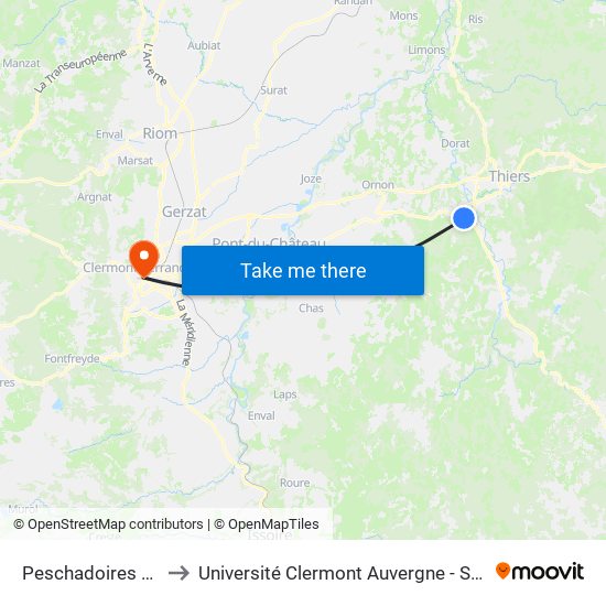 Peschadoires Bourg to Université Clermont Auvergne - Site Carnot map