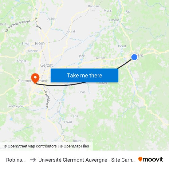 Robinson to Université Clermont Auvergne - Site Carnot map