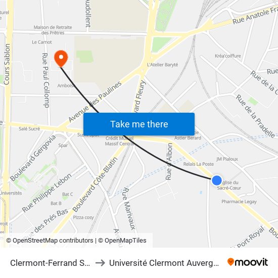 Clermont-Ferrand Sacré Coeur to Université Clermont Auvergne - Site Carnot map