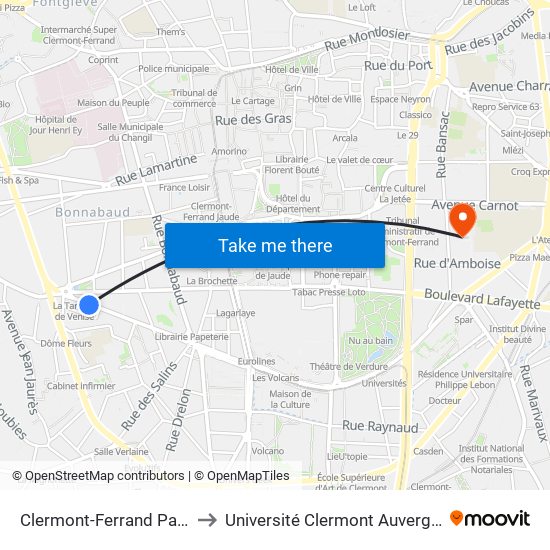 Clermont-Ferrand Pasteur Gilbert to Université Clermont Auvergne - Site Carnot map