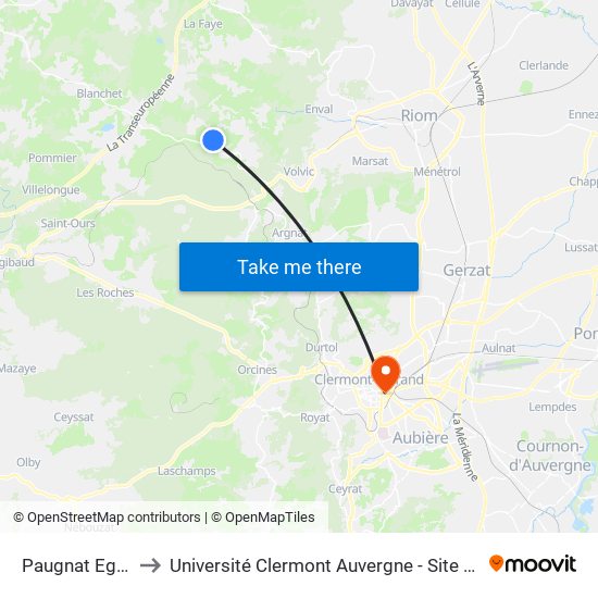 Paugnat Eglise to Université Clermont Auvergne - Site Carnot map