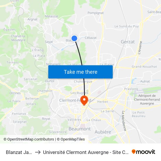 Blanzat Jarzy to Université Clermont Auvergne - Site Carnot map