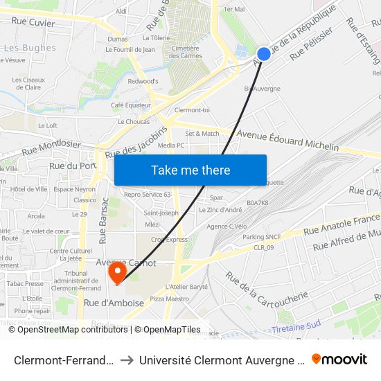 Clermont-Ferrand 1er Mai to Université Clermont Auvergne - Site Carnot map