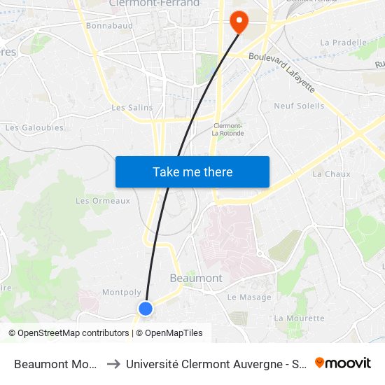 Beaumont Montpoly to Université Clermont Auvergne - Site Carnot map