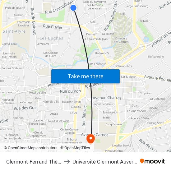 Clermont-Ferrand Thévenot Thibaud to Université Clermont Auvergne - Site Carnot map