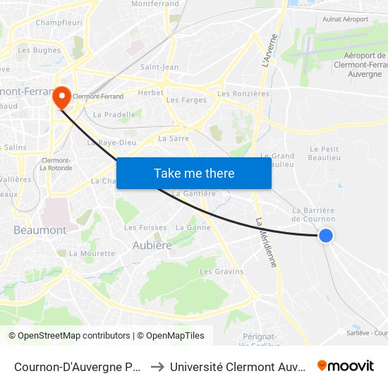 Cournon-D'Auvergne Pointe De Cournon to Université Clermont Auvergne - Site Carnot map