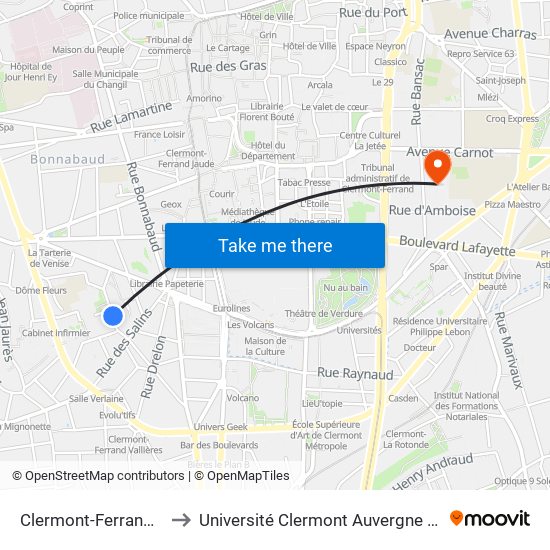 Clermont-Ferrand 08-Mai to Université Clermont Auvergne - Site Carnot map