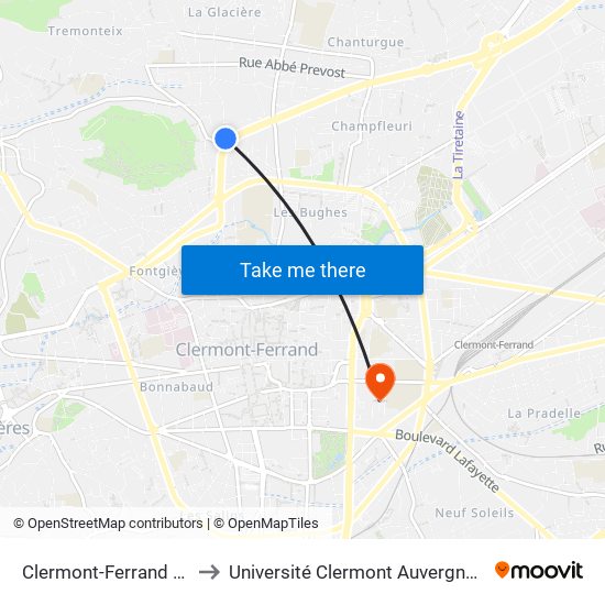 Clermont-Ferrand Chanelles to Université Clermont Auvergne - Site Carnot map