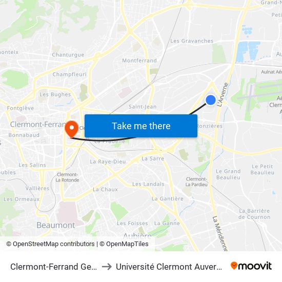 Clermont-Ferrand Georges Besse to Université Clermont Auvergne - Site Carnot map