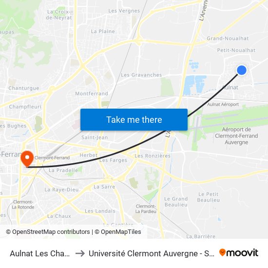 Aulnat Les Chapelles to Université Clermont Auvergne - Site Carnot map