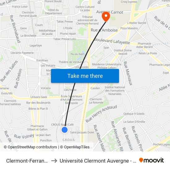 Clermont-Ferrand Dolet to Université Clermont Auvergne - Site Carnot map