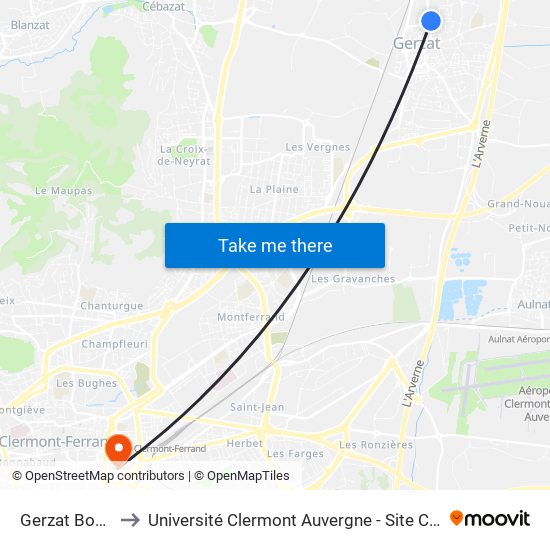 Gerzat Bourly to Université Clermont Auvergne - Site Carnot map