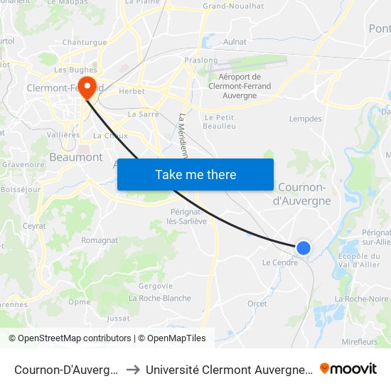 Cournon-D'Auvergne Auzon to Université Clermont Auvergne - Site Carnot map