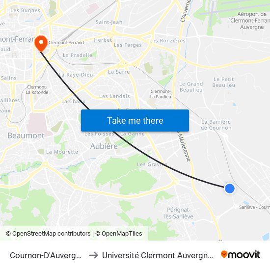 Cournon-D'Auvergne L'Arche to Université Clermont Auvergne - Site Carnot map