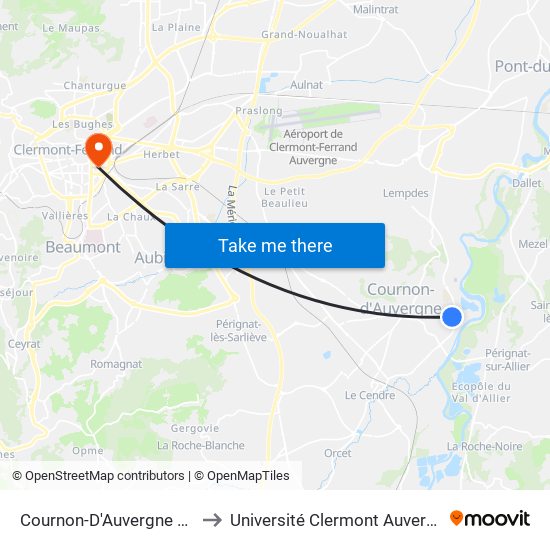 Cournon-D'Auvergne Plaine De Jeux to Université Clermont Auvergne - Site Carnot map