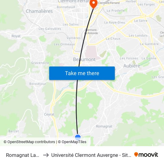 Romagnat Lacheix to Université Clermont Auvergne - Site Carnot map