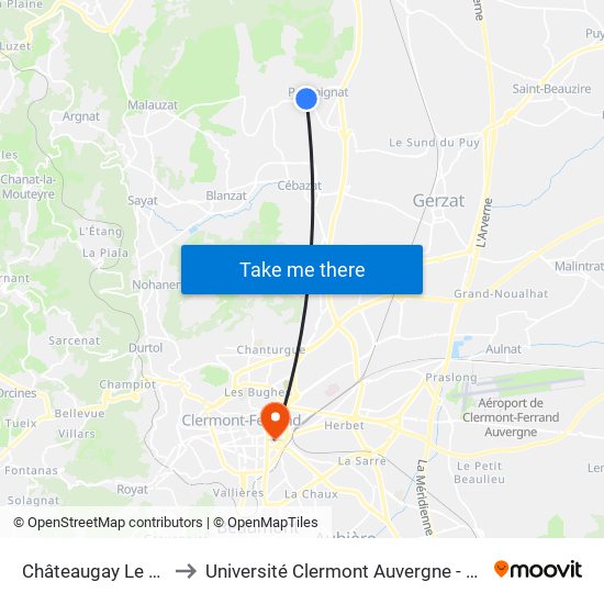Châteaugay Le Maillot to Université Clermont Auvergne - Site Carnot map
