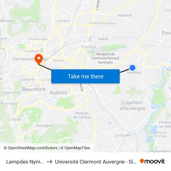 Lempdes Nymphea to Université Clermont Auvergne - Site Carnot map
