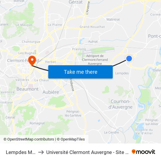 Lempdes Milan to Université Clermont Auvergne - Site Carnot map