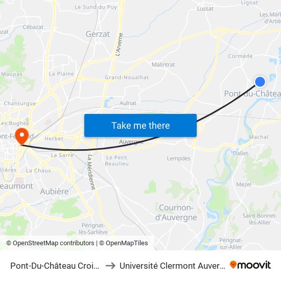 Pont-Du-Château Croix Des Rameaux to Université Clermont Auvergne - Site Carnot map