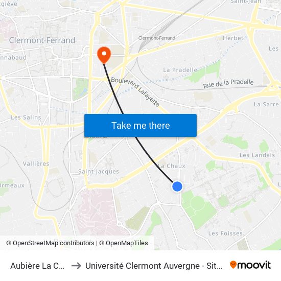 Aubière La Chaux to Université Clermont Auvergne - Site Carnot map