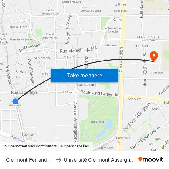 Clermont-Ferrand Lagarlaye to Université Clermont Auvergne - Site Carnot map