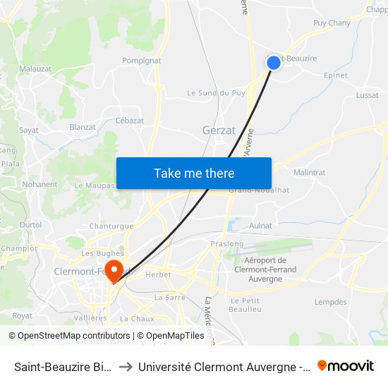 Saint-Beauzire Biopole 2 to Université Clermont Auvergne - Site Carnot map