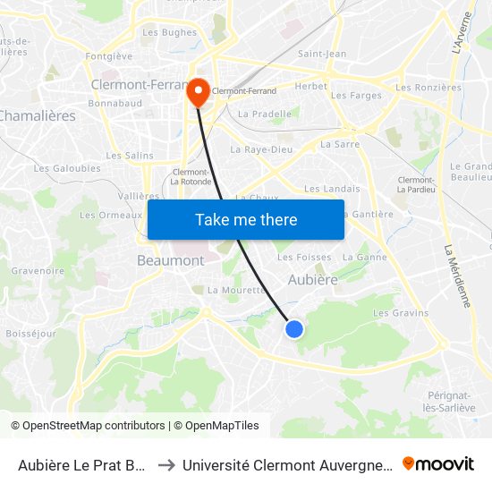 Aubière Le Prat Bâtiment F to Université Clermont Auvergne - Site Carnot map