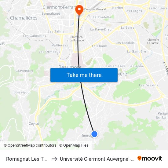 Romagnat Les Tonnelles to Université Clermont Auvergne - Site Carnot map