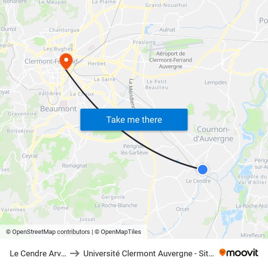 Le Cendre Arverne to Université Clermont Auvergne - Site Carnot map