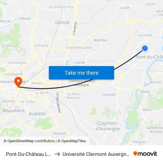 Pont-Du-Château Les Nigues to Université Clermont Auvergne - Site Carnot map