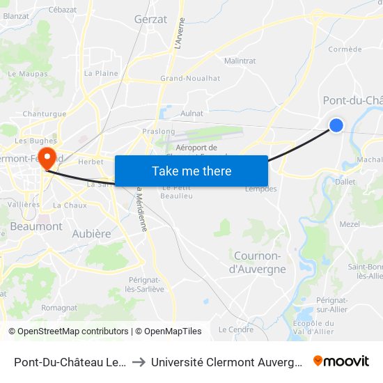 Pont-Du-Château Les Ardeliers to Université Clermont Auvergne - Site Carnot map