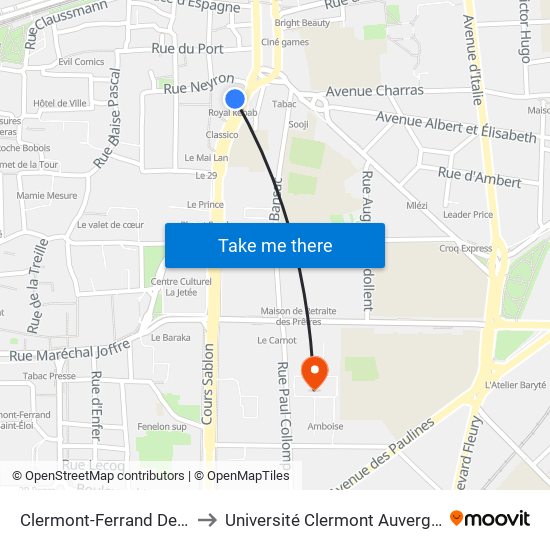 Clermont-Ferrand Delille Trudaine to Université Clermont Auvergne - Site Carnot map