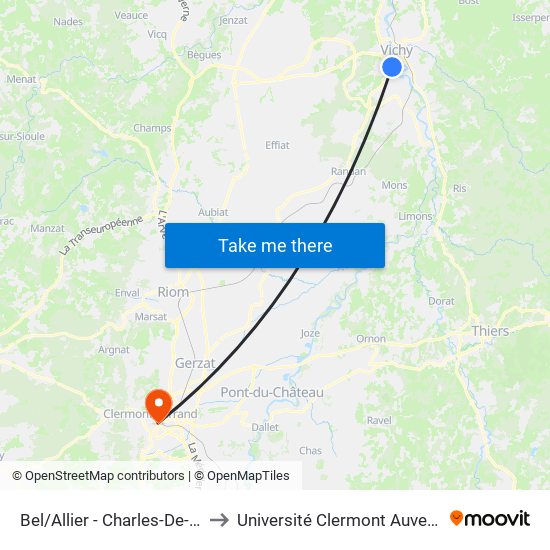 Bel/Allier - Charles-De-Gaulle Bellerive to Université Clermont Auvergne - Site Carnot map