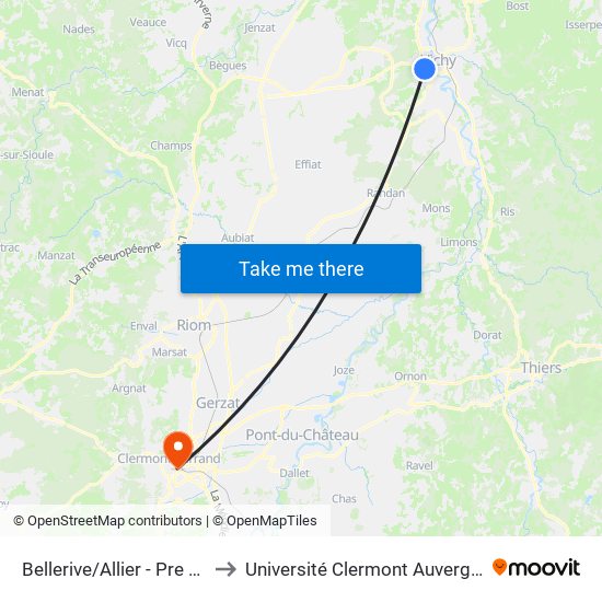 Bellerive/Allier - Pre Des Rauches to Université Clermont Auvergne - Site Carnot map